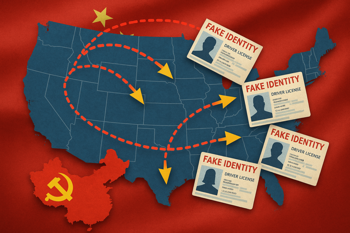 Map of the United States with arrows from China representing the spread of fake Chinese driver's licenses across swing states