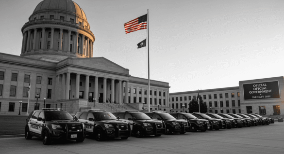 Tennessee State Capitol building with organized law enforcement vehicles demonstrating federal-state immigration enforcement cooperation under American flag