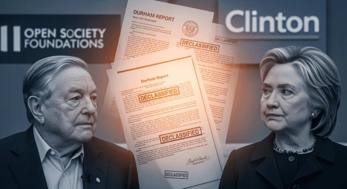 George Soros and Hillary Clinton with declassified Durham Report documents showing Open Society Foundations and Clinton campaign coordination