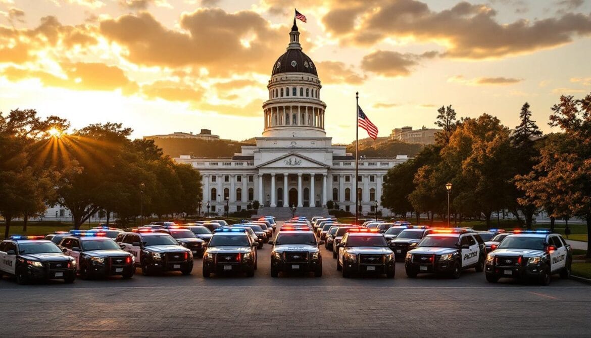 Tennessee State Capitol building with organized law enforcement vehicles demonstrating federal-state immigration enforcement cooperation under American flag