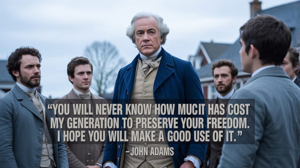 President John Adams counsels young men on job growth at the town square on a gloomy day.