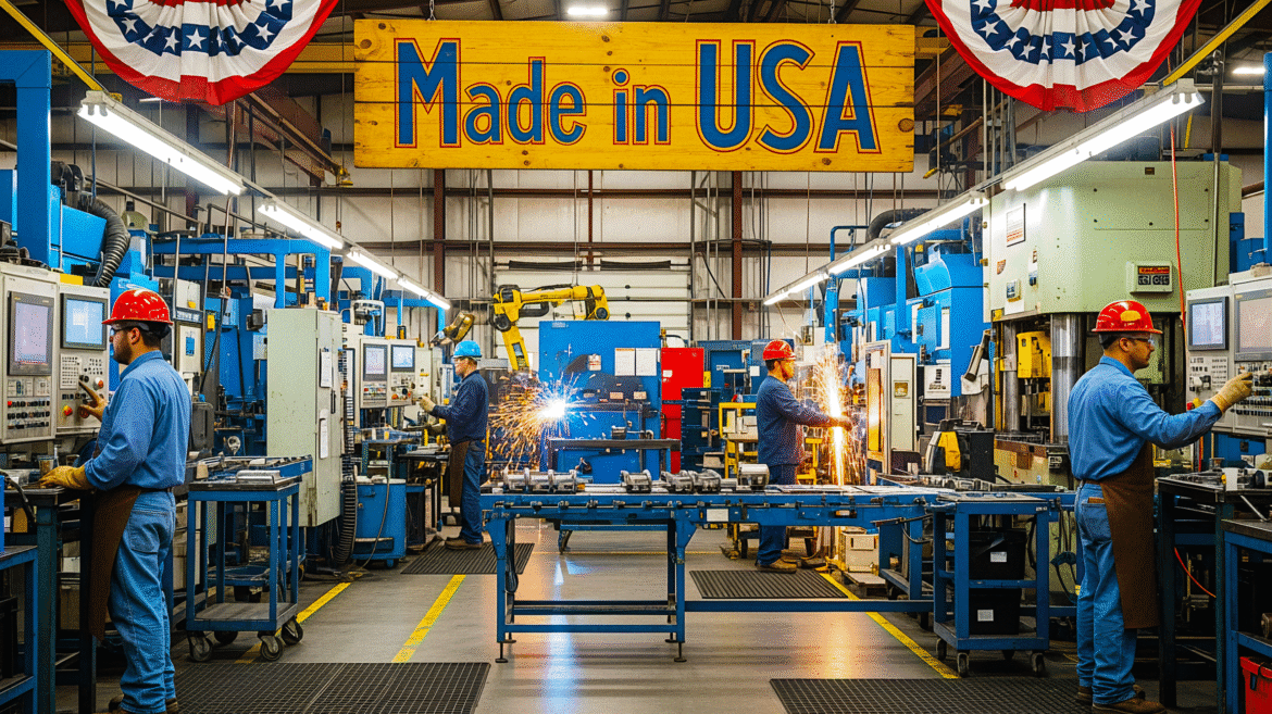 Workers weld under a “Made in USA” sign after Trump immigration victory boosts job growth and confidence.