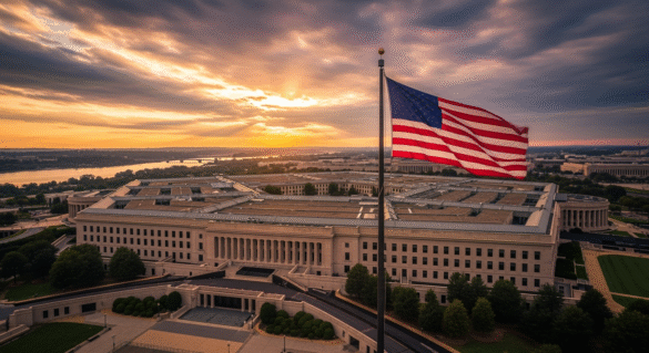 Pentagon building with American flag flying prominently as Trump signs Department of War executive order restoring historic military designation