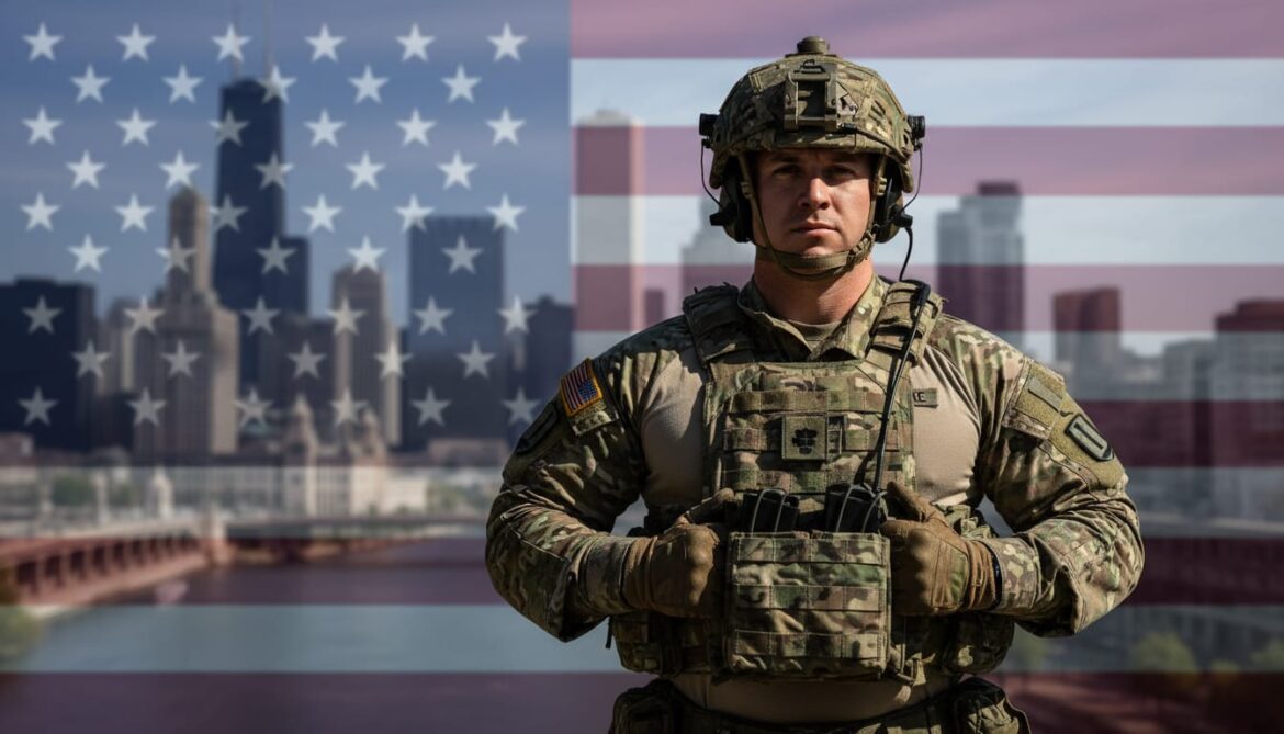 American soldier in combat gear with Chicago skyline and US flag overlay